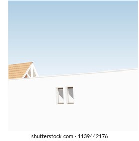 The building has small pastel windows with clear blue skies.

