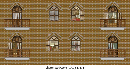 The building has windows and balconies. Brick wall. Without people