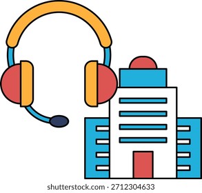 Ein Gebäude mit einem Headset darauf und ein Gebäude im Hintergrund