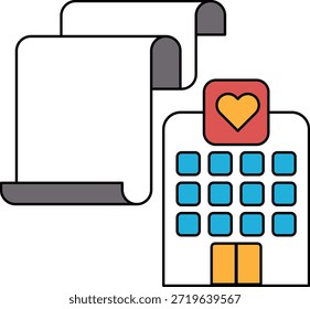Un edificio con un corazón en él y un pergamino en el lado. El pergamino está en un pedazo de papel