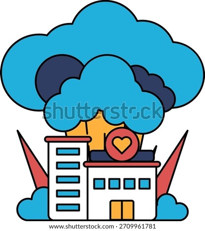 A building with a heart on it is surrounded by clouds. The clouds are dark and ominous, giving the scene a sense of danger and foreboding. The heart symbolizes hope and love