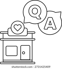 A building with a heart and a question mark on it. The building is a store. The heart and question mark are symbols of love and curiosity