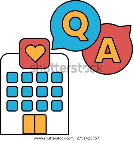A building with a heart and a question mark on it. The building is a hospital. The heart symbolizes love and care, while the question mark represents curiosity and the desire to know more