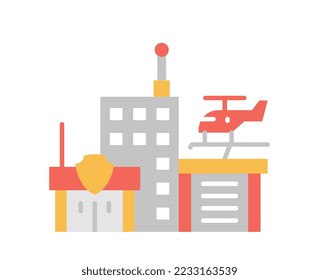 Building with hellicopter icon. Graphic element for website, poster or banner. Template, layout and mock up. Luxurious residence and skyscraper. Modern architecture. Cartoon flat vector illustration