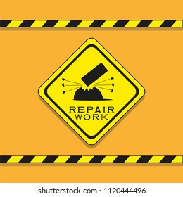 Building helmet and falling brick on the plate with the inscription "repair work". Vector icon.