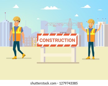Building Hew Real Estate Object Flat Vector Concept with Happy Smiling Builders on Construction Site in Uniform and Helmets Behind Warning Sign Illustration. Industry Workers Job Opportunity Banner