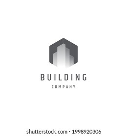 Building hexagon monochrome gradient logo icon design template vector
