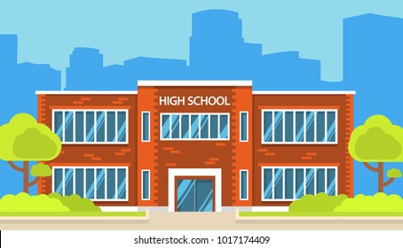 Building high school of the American or European  with trees and bushes. A city landscape with a house facade with windows and doors. In flat cartoon style a vector. Education of children.