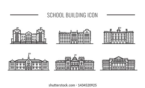 Building high school of the American or European, Asia line art vector icons