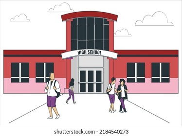 Building high school of the American or European with trees and bushes. A city landscape with a house facade with windows and doors. In flat cartoon style a vector. Education of children.