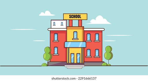 Building high school of the American or European with trees lat vector illustration isolated on white background.
with windows and doors. In flat cartoon style a vector. Education of children.
Vector 