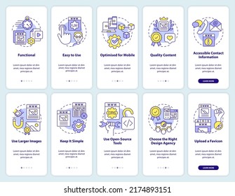 Building high-quality website onboarding mobile app screen set. Walkthrough 5 steps editable graphic instructions with linear concepts. UI, UX, GUI template. Myriad Pro-Bold, Regular fonts used