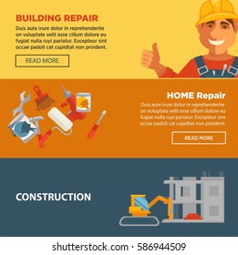 Banners web de vectores de construcción de construcción de edificios y reparación de viviendas. Equipamientos para construir casa y herramientas, constructor sonriente. Colección de herramientas y pinceles con pinturas y grúas para la construcción de viviendas