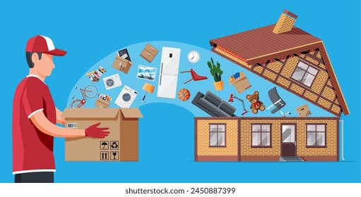 Building with home stuff inside and male mover. Moving to new house. Family relocated to new home. Boxes with goods. Package transportation. Computer, lamp, clothes, books. Flat vector illustration