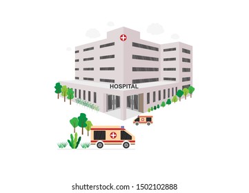 El edificio del hospital y ambulancias, laboratorio, oficina médica. Concepto de seguro médico de las instalaciones y servicios hospitalarios. Ilustración plana vectorial sobre fondo blanco.