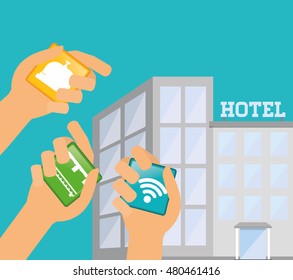 building hotel and apps icon set. Service technology media and digital theme. Colorful design. Vector illustration