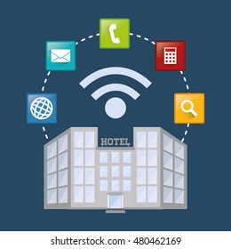 building hotel and apps icon set. Service technology media and digital theme. Colorful design. Vector illustration