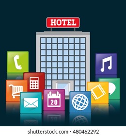 building hotel and apps icon set. Service technology media and digital theme. Colorful design. Vector illustration