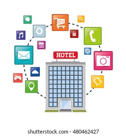building hotel and apps icon set. Service technology media and digital theme. Colorful design. Vector illustration