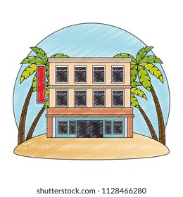 building hotel facade with trees palms