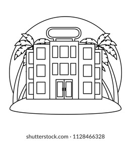 building hotel facade with trees palms
