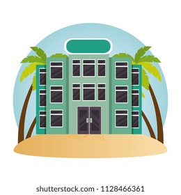 building hotel facade with trees palms