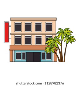 building hotel facade with trees palms