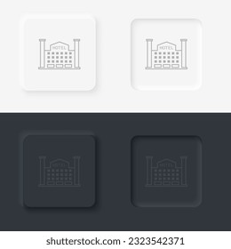 Building hotel outline icon. Neumorphic style button vector iconon black and white background set