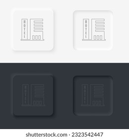 Building hotel outline icon. Neumorphic style button vector iconon black and white background set