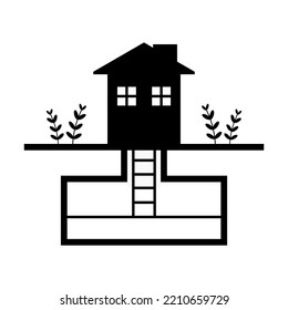 Building house with basement bunker underground protect war damage black icon flat vector design.