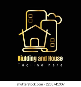 Building and house construction related golden logo on dark background with dummy text vector illustration.