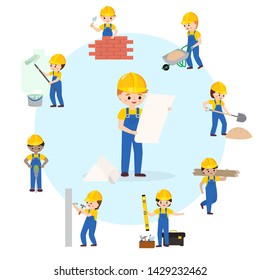 Bau von Gebäuden. Set von flachen Bauern Figuren in gelbem Helm mit verschiedenen Ausrüstung, Ziegelwand, Farbe, Reparaturwerkzeuge. Infografik Vektorillustration Illustration von gebautem Haus.