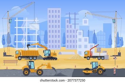 Building house construction site vector flat cartoon illustration. Architectural industrial process with working truck transportation, crane, digger with shovel tractor roller. City facade development