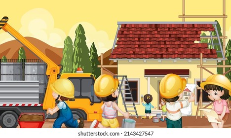 Construcción de viviendas e ilustración de los trabajadores