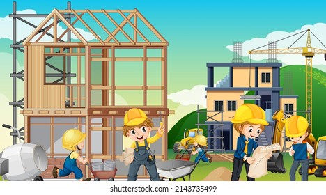 Building house construction site and workers illustration