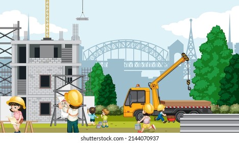 Building house construction site and workers illustration