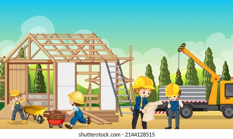 Construcción de viviendas e ilustración de los trabajadores