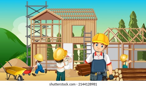 Construcción de viviendas e ilustración de los trabajadores