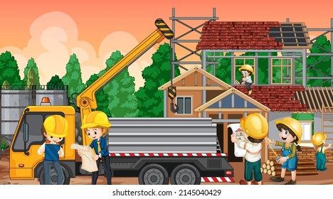 Construcción de viviendas e ilustración de los trabajadores