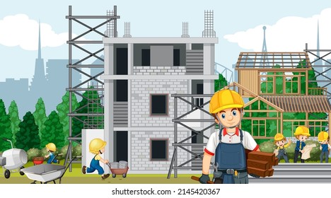 Building house construction site and workers illustration