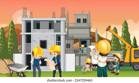 Construcción de viviendas e ilustración de los trabajadores