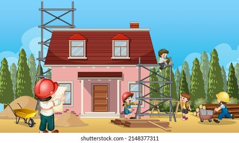Construcción de viviendas e ilustración de los trabajadores
