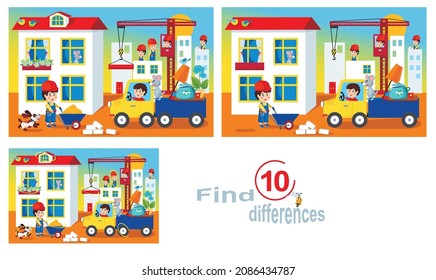 Construire une maison pour les amis. Trouver 10 différences est un jeu éducatif pour les enfants.