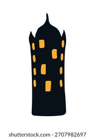 Edifício, casa com janelas brilhantes isoladas em fundo transparente. Ilustração de vetor plana desenhada à mão. Natal tradicional, Ano Novo, inverno, elemento de design sazonal, clip art de férias