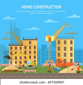 Building or house, home or skyscraper construction. City or town architecture business with structures under constructions, crane and excavator machine. Architect scene and industrial theme