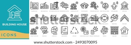 Building House icon set. Blueprint Bliss, Brick and Beam Build, Key Change Construction, Neighborhood Nesting, Sunbeam Sanctuary, Mud Pie Mansion, Stargazing Sanctuary, Sunset Sips and Stories