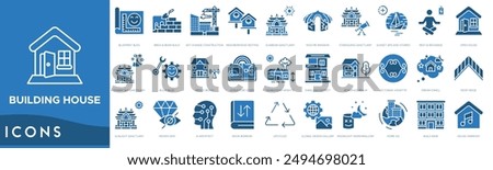Building House icon set. Blueprint Bliss, Brick and Beam Build, Key Change Construction, Neighborhood Nesting, Sunbeam Sanctuary, Mud Pie Mansion, Stargazing Sanctuary, Sunset Sips and Stories