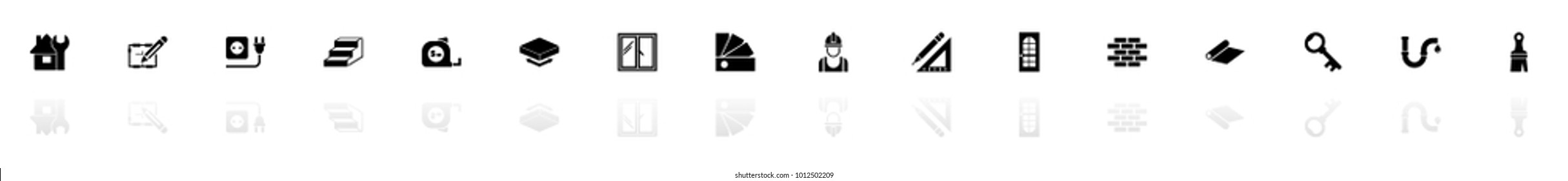 Building House icons - Black horizontal Illustration symbol on White Background with a mirror Shadow reflection. Flat Vector Icon.