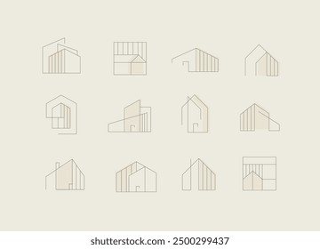 Building and house icons drawing in modern linear style on beige beige background