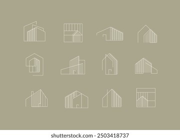 Building and house icons drawing in modern linear style on beige khaki background